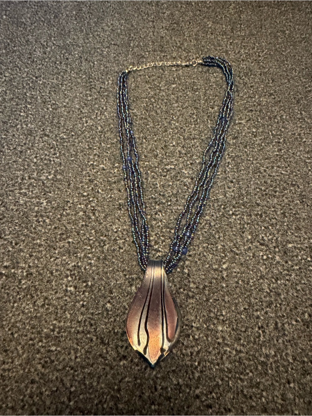 Bohemian Multistrand Seed Bead Necklace, Iridescent Art Glass Pendant